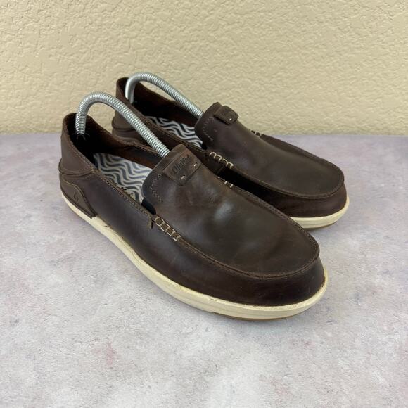 Olukai Kakaha Shoes Mens Size 9.5 Brown Leather Slip On Casual Loafers Read - Picture 1 of 13